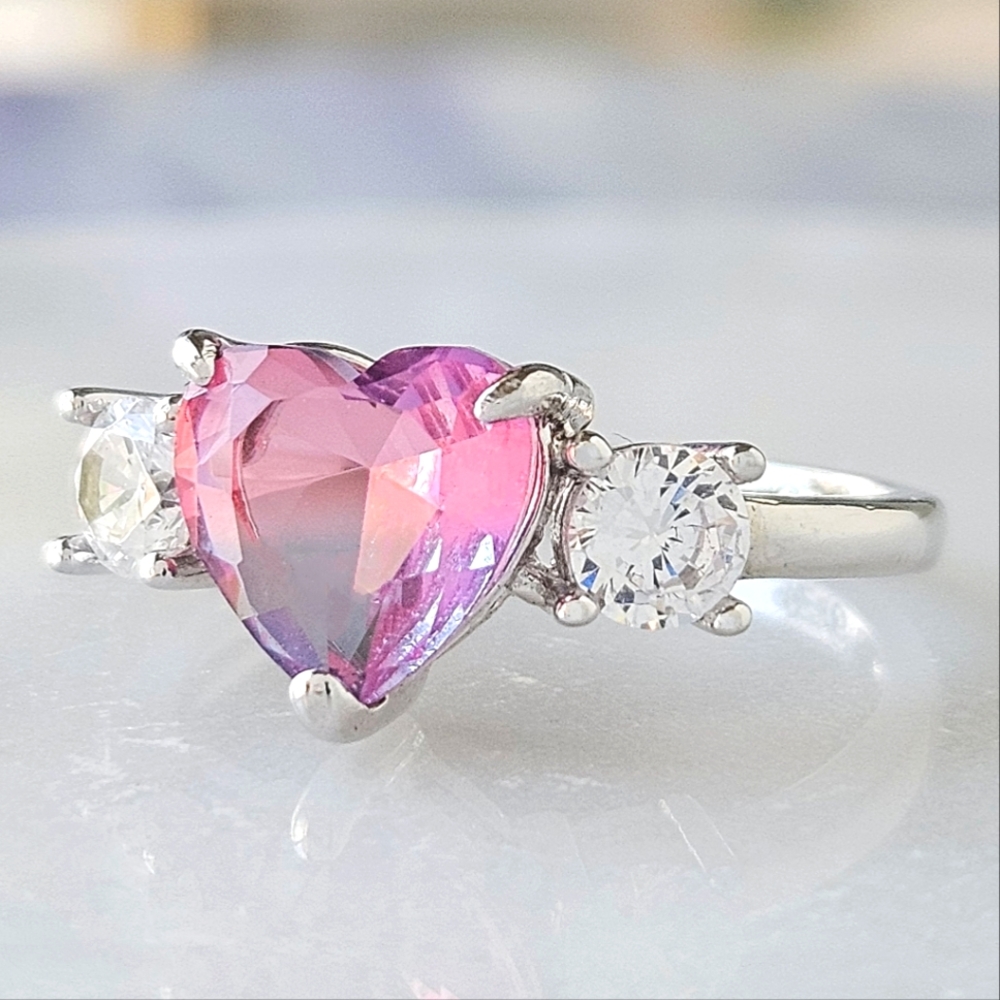 Pink & Blue Tourmaline Heart Ring, 925 Sterling Silver Charmed Aroma